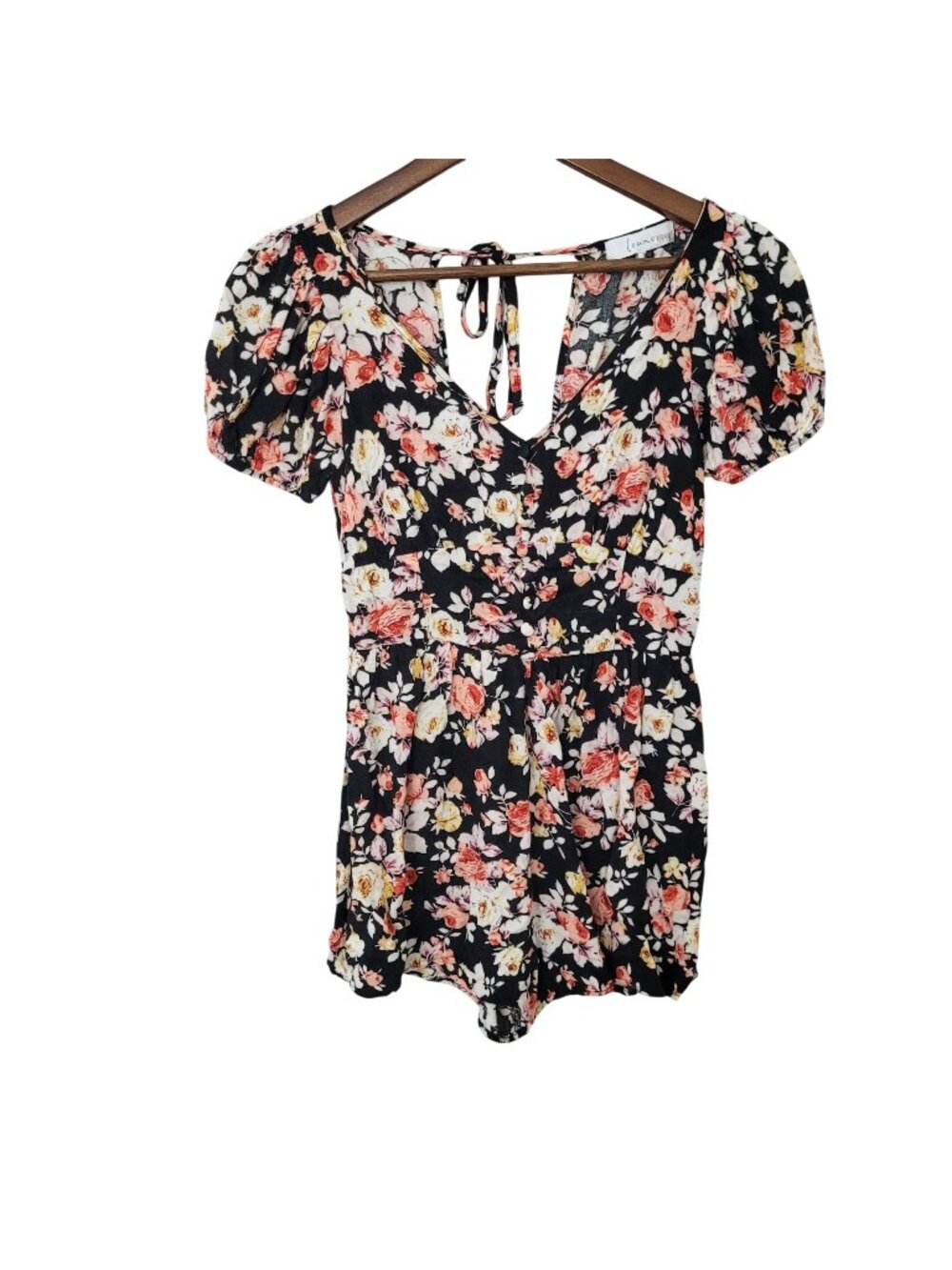 Louna Black Floral Romper Womens Size S Puff Sleeve Summer Party